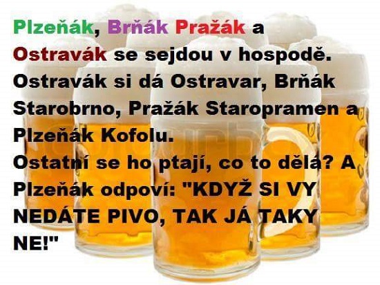 Plzeňák, Brňák, Pražák a Ostravák se sejdou v hospodě...