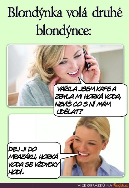 Blondýnka volá druhé blondýnce: